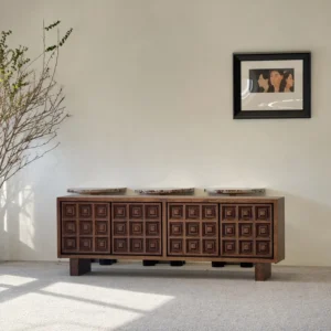 Brutalist Carved-Square Pine Sideboard in clay — front view