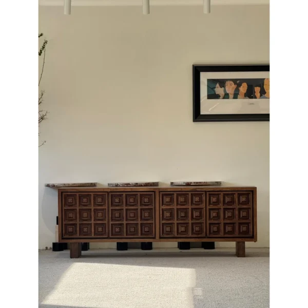 Brutalist Carved-Square Pine Sideboard in clay — in a room setting