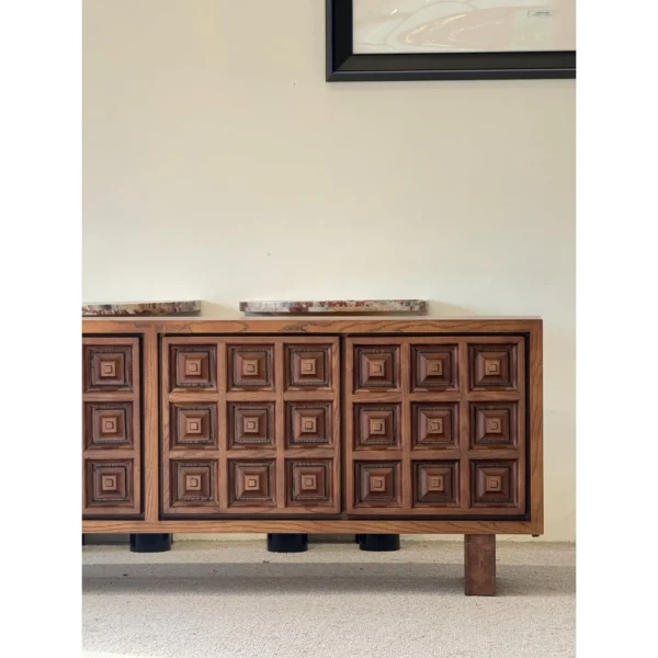 Brutalist Carved-Square Pine Sideboard in clay — in a room setting