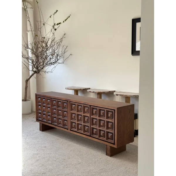 Brutalist Carved-Square Pine Sideboard in clay — in a room setting