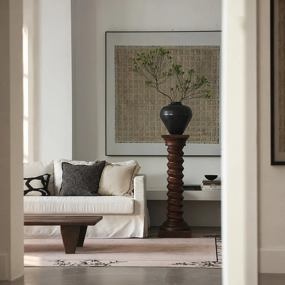 Vintage Spiral-Turned Solid Wood Pedestal in walnut — front view