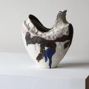 Rock Trace Stoneware Vase with Ink and Blue Glaze Strokes in ivory — front view