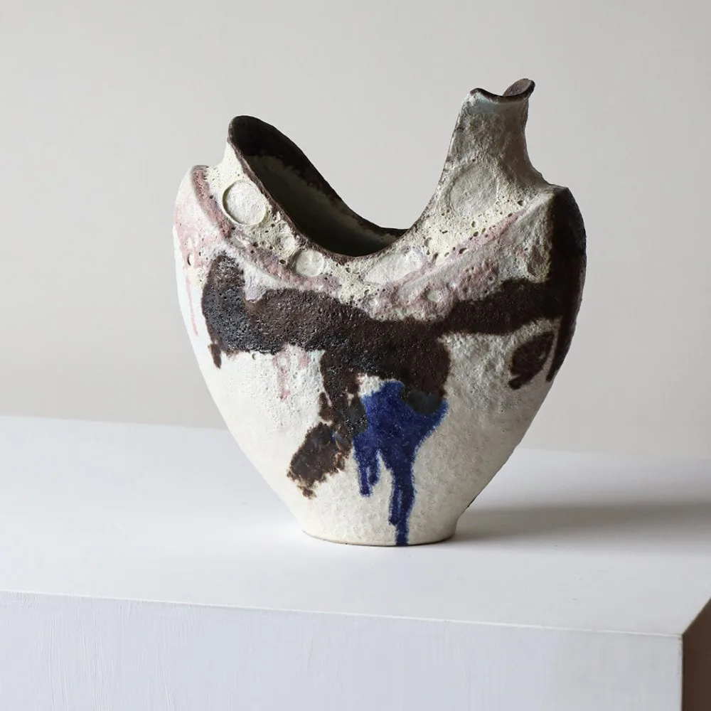 Rock Trace Stoneware Vase with Ink and Blue Glaze Strokes in ivory — front view