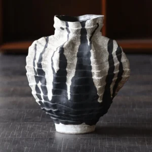 Pleated Stoneware Vase with Black Drip Glaze in black — front view