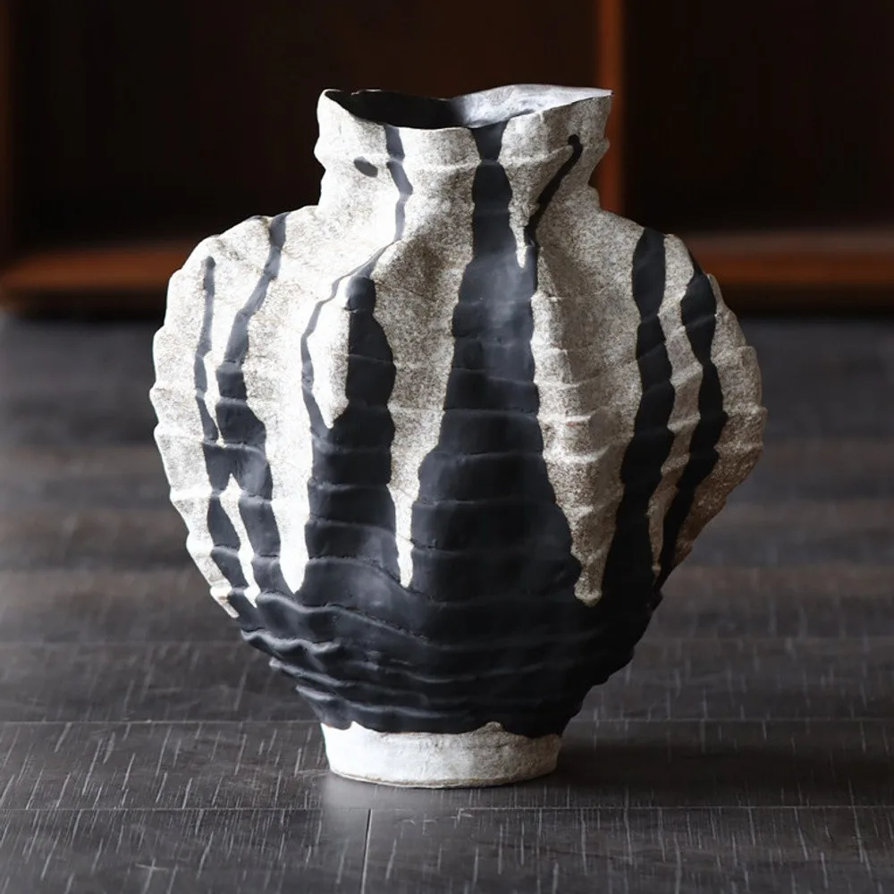 Pleated Stoneware Vase with Black Drip Glaze in black — front view