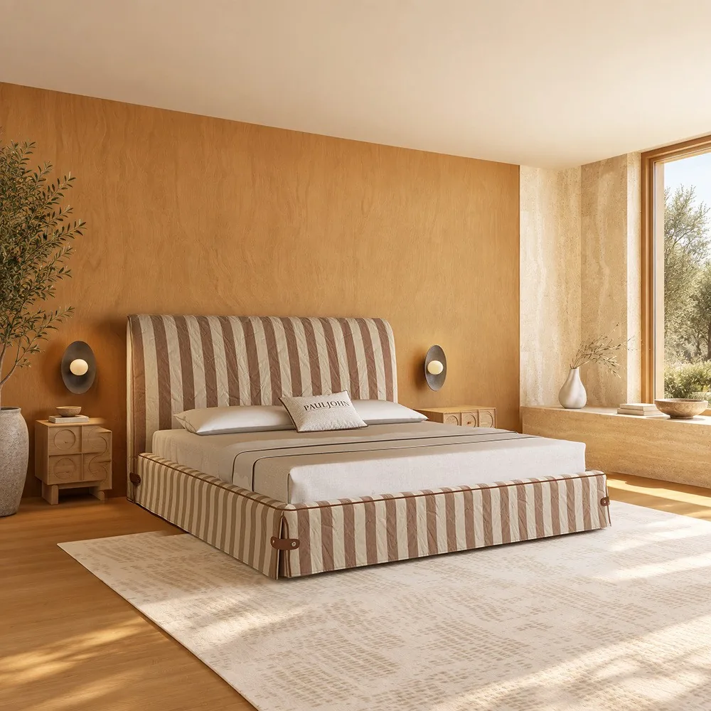 Vintage Stripe Linen Bed with Leather Corner Ties in clay — front view