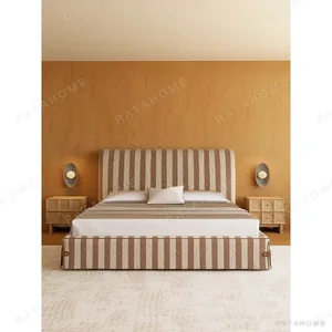 Vintage Stripe Linen Bed with Leather Corner Ties in clay — in a room setting