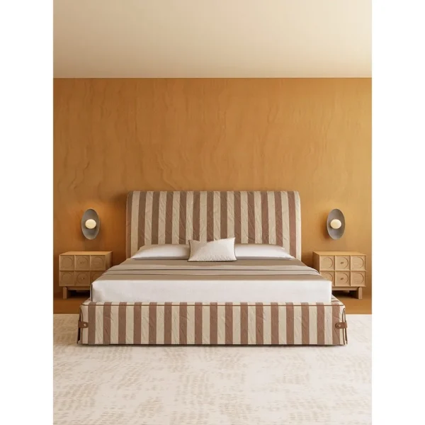 Vintage Stripe Linen Bed with Leather Corner Ties in clay — in a room setting