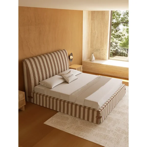 Vintage Stripe Linen Bed with Leather Corner Ties in clay — in a room setting