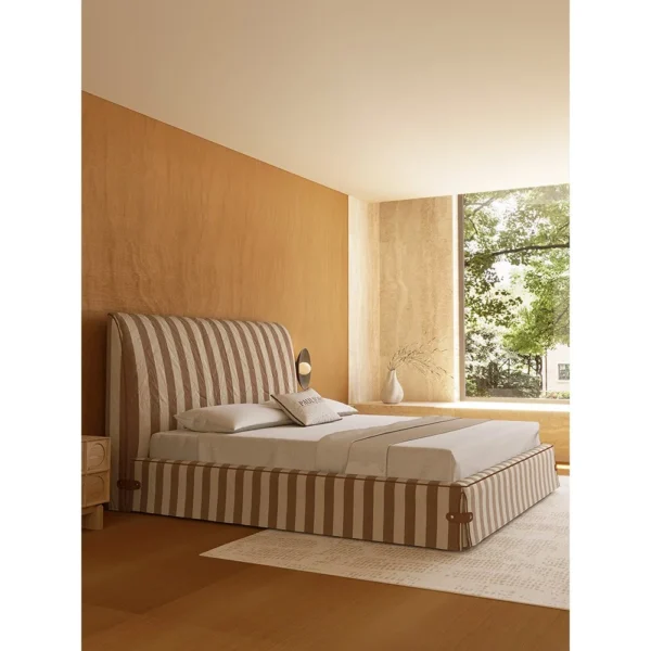 Vintage Stripe Linen Bed with Leather Corner Ties in clay — in a room setting