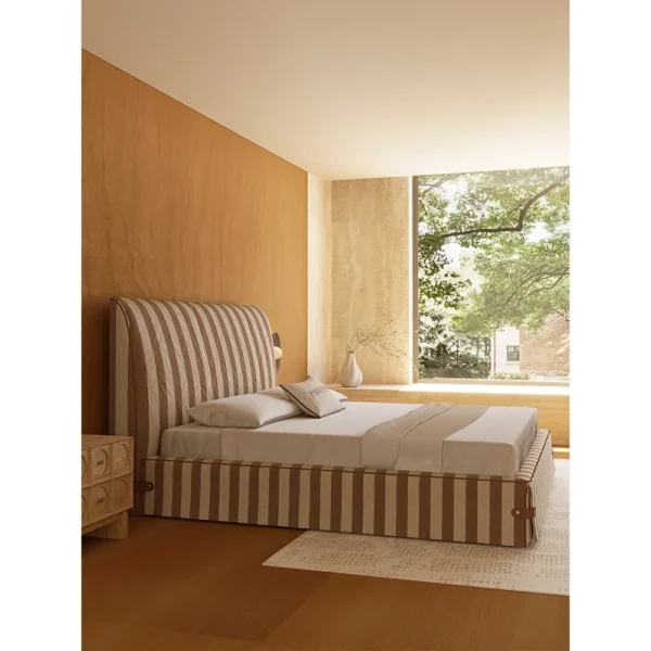 Vintage Stripe Linen Bed with Leather Corner Ties in clay — in a room setting