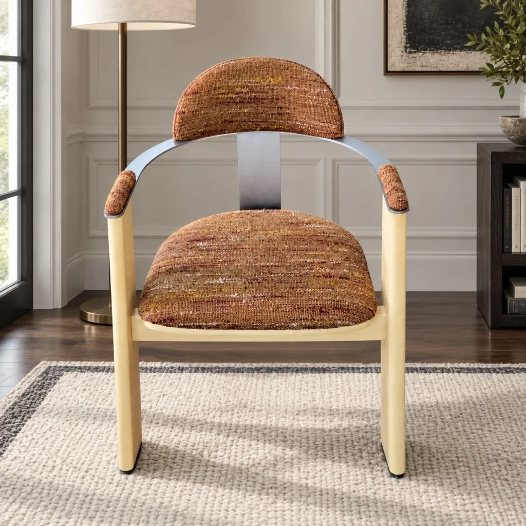 Light Wood Armchair with Curved Metal Back in Mixed Weave — front view