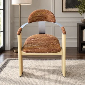 Light Wood Armchair with Curved Metal Back in Mixed Weave — front view