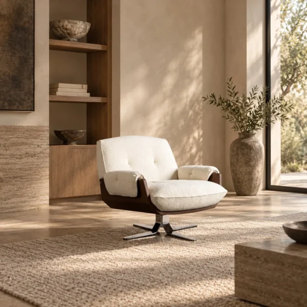Vintage Swivel Lounge Chair in oatmeal — in a room setting