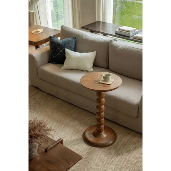 Vintage Teak Beaded Column Side Table in clay — in a room setting