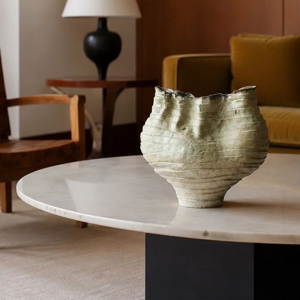 Hand-Made Twisted Pleated Vase in Pale Moss Glaze — front view