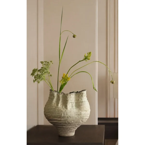Hand-Made Twisted Pleated Vase in Pale Moss Glaze — in a room setting