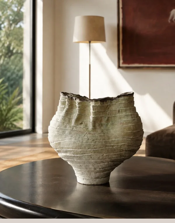 Hand-Made Twisted Pleated Vase in Pale Moss Glaze — in a room setting