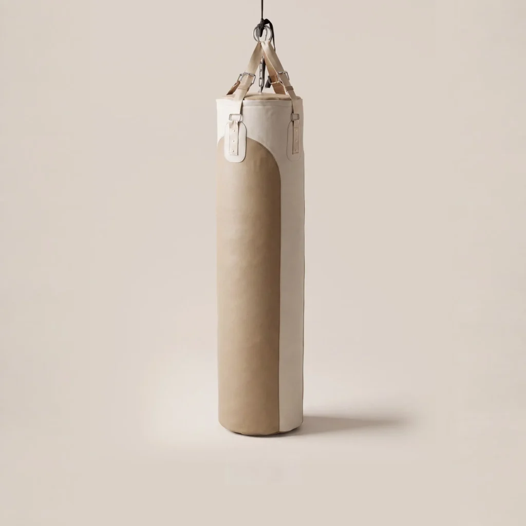 Two-Tone Leather Hanging Punching Bag in Cream and Brown — front view