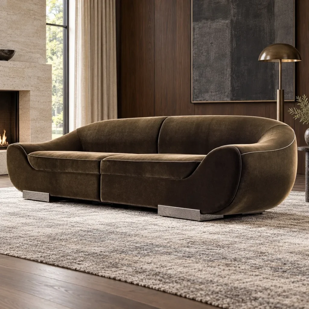 Vintage Curved Sofa in Caramel Velvet with Rounded Arms — front view