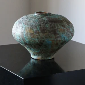 Jingdezhen Rust-Green Distressed Jar Vase, Tall or Short in olive — front view