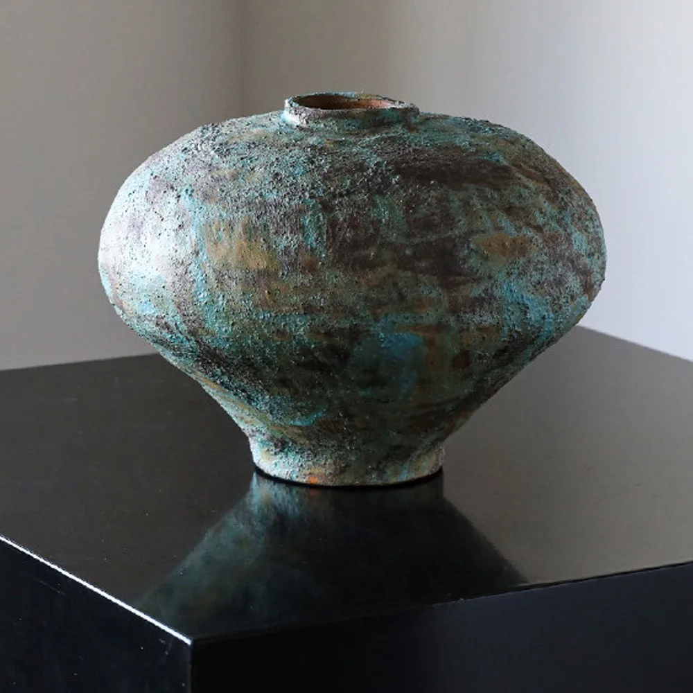 Jingdezhen Rust-Green Distressed Jar Vase, Tall or Short in olive — front view