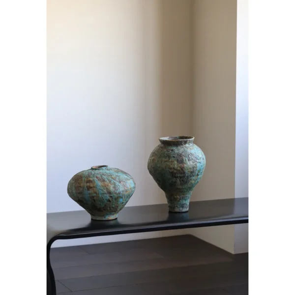 Jingdezhen Rust-Green Distressed Jar Vase, Tall or Short in olive — in a room setting