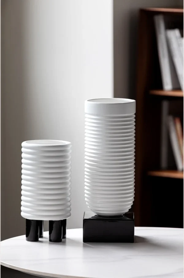White Spiral-Ribbed Ceramic Vases in ivory — in a room setting
