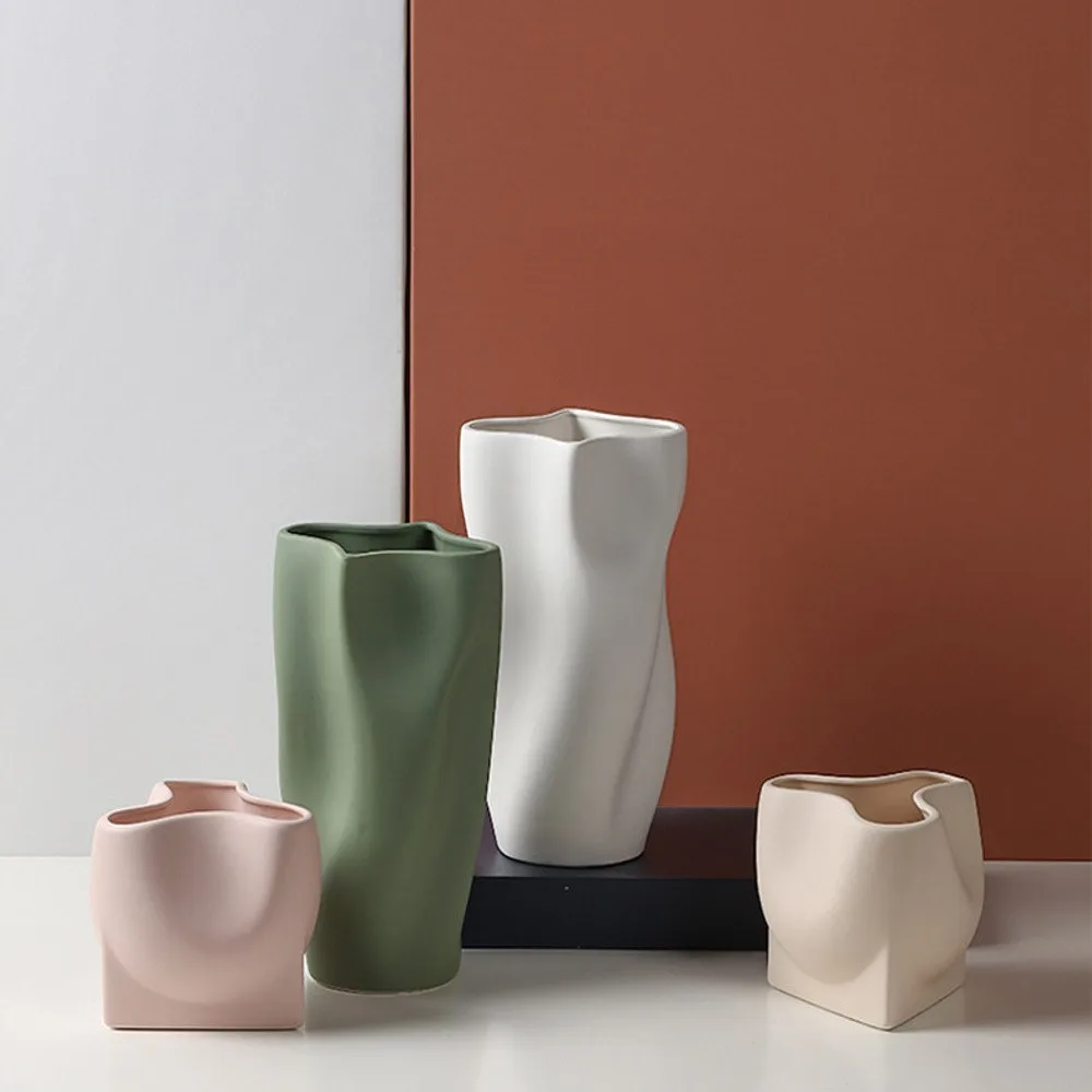 Matte Wave-Form Ceramic Vases in White, Green and Pink — front view