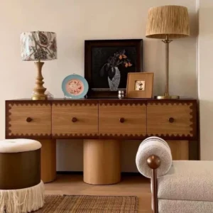 Vintage Scalloped-Trim Oak Sideboard on Cylinder Legs — front view