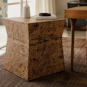 Vintage Woven Bamboo Side Table for Bedroom or Study in clay — front view