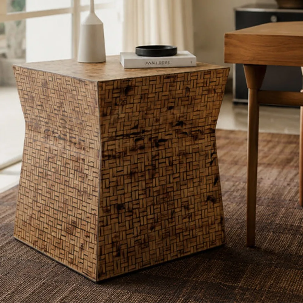 Vintage Woven Bamboo Side Table for Bedroom or Study in clay — front view