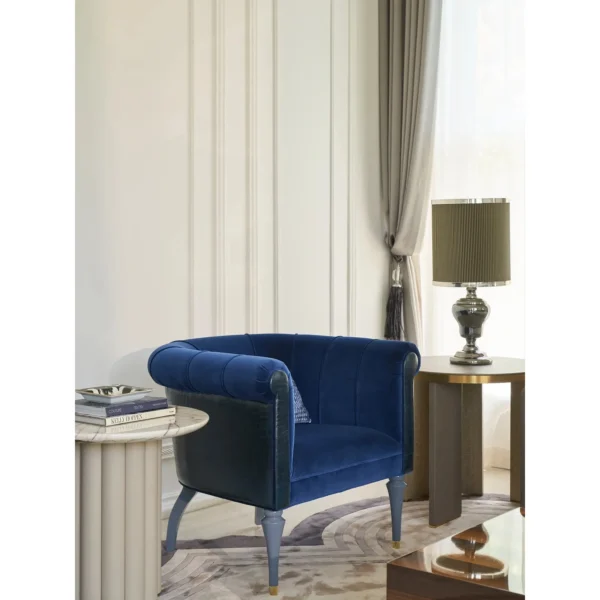 Violet Blue Velvet Armchair in blue — in a room setting