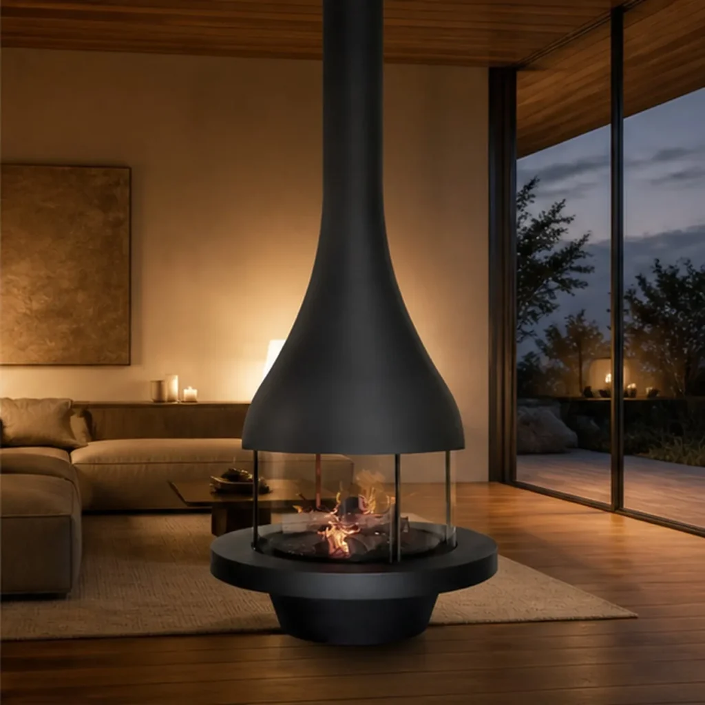 Violet Suspended Trumpet Fireplace with Glass-Ringed Tray in black — front view