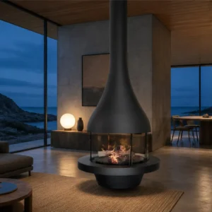 Violet Suspended Trumpet Fireplace with Glass-Ringed Tray in black — in a room setting