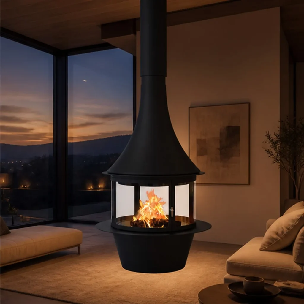 Virgil Suspended Pagoda Fireplace with Glass Firebox, 90 cm in black — front view