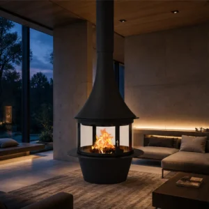 Virgil Suspended Pagoda Fireplace with Glass Firebox, 90 cm in black — in a room setting