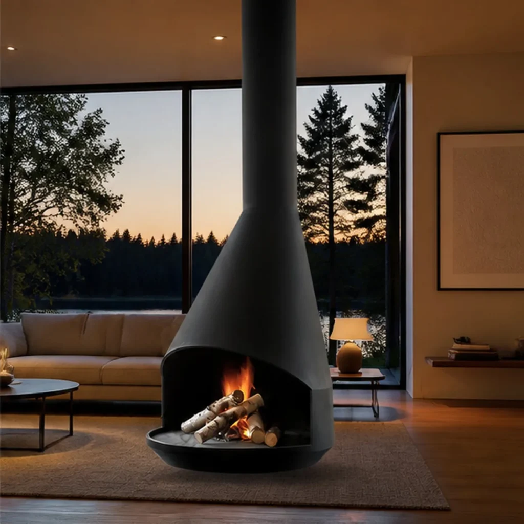 Viridis Suspended Tapered Fireplace with Log Bowl, 70 cm in black — front view