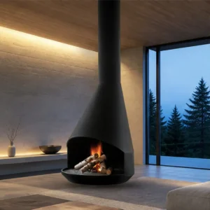 Viridis Suspended Tapered Fireplace with Log Bowl, 70 cm in black — in a room setting