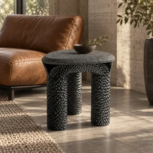 Volcanic Stone Side Table with Scaled Sculpted Legs in black — front view