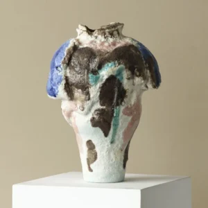 Abstract Textured Art Vase with Blue, Brown and Green Glazes in multicolour — front view