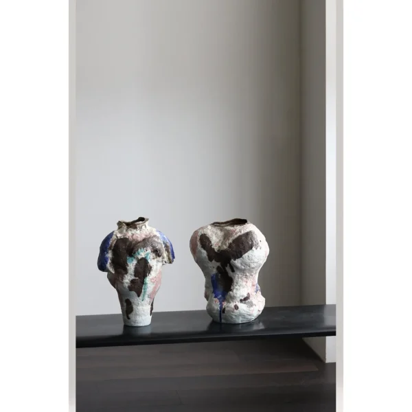 Abstract Textured Art Vase with Blue, Brown and Green Glazes in multicolour — in a room setting