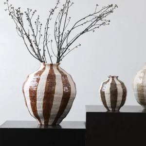 Wabi-Sabi Brown Striped Round Jar Vases, Three Sizes in clay — front view