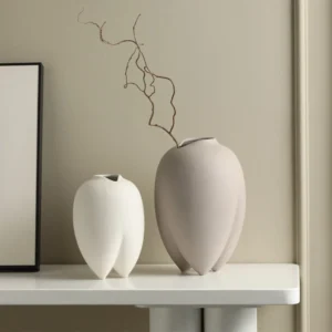 Wabi-Sabi Bisque Ceramic Vases in White and Taupe, Medium — front view