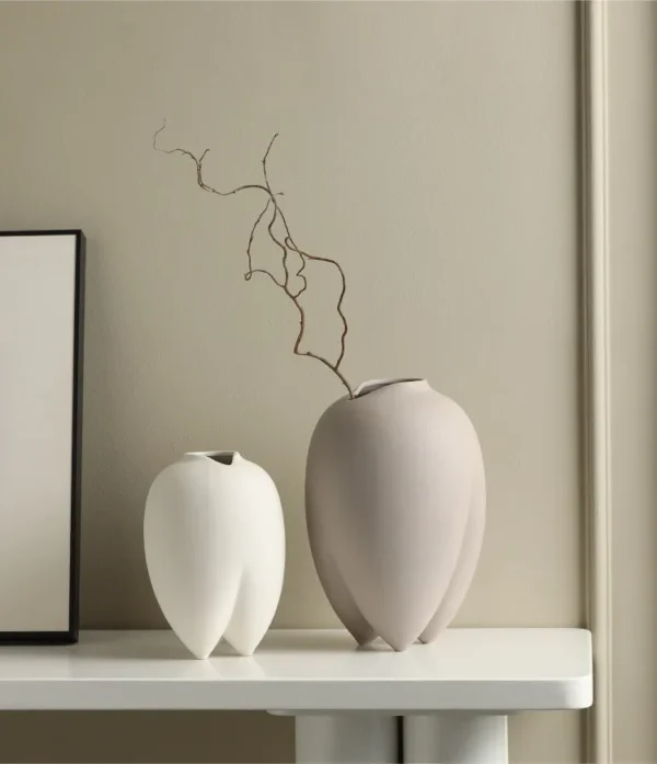 Wabi-Sabi Bisque Ceramic Vases in White and Taupe, Medium — in a room setting