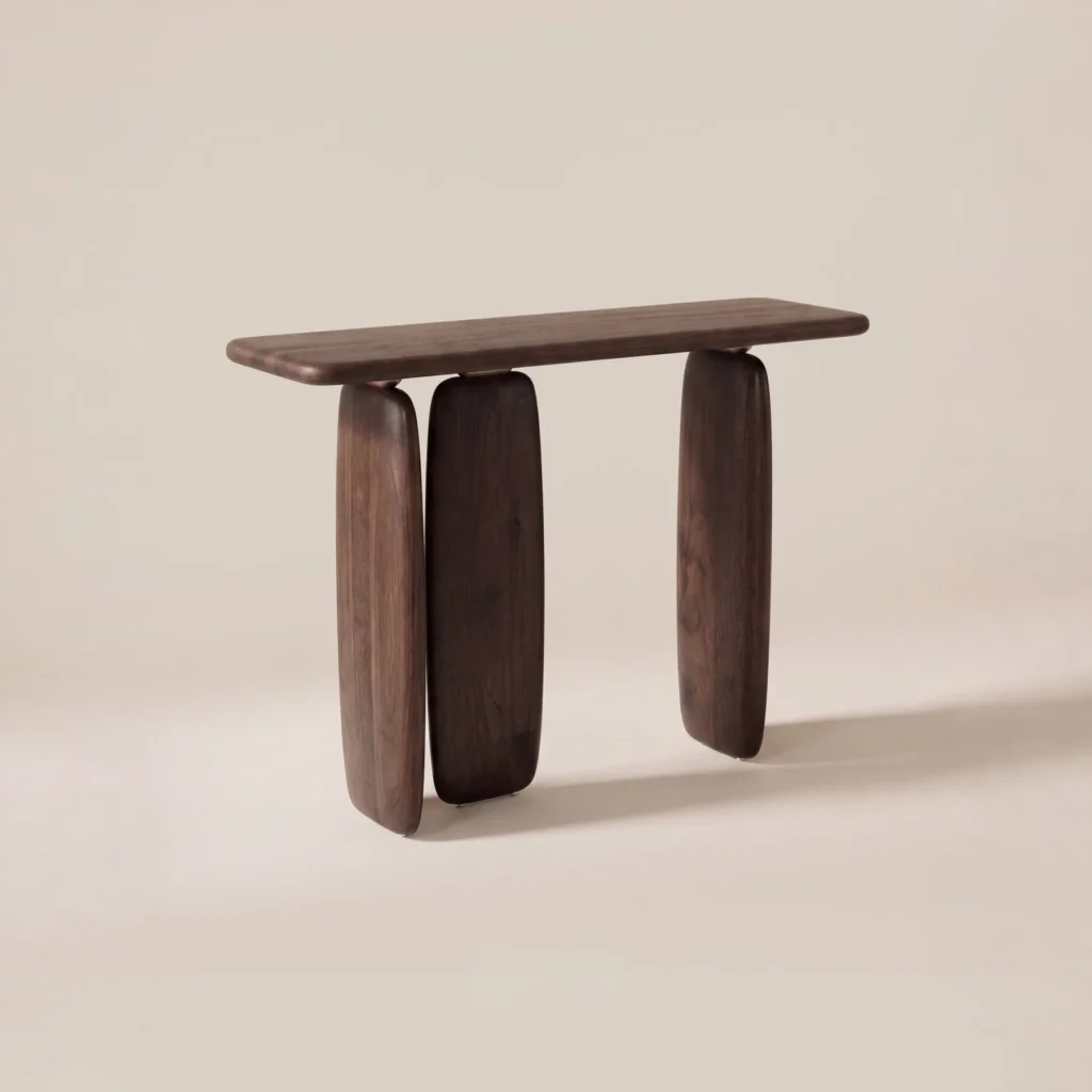 Wabi-Sabi Black Walnut Console on Pebble Columns in walnut — front view