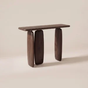 Wabi-Sabi Black Walnut Console on Pebble Columns in walnut — front view
