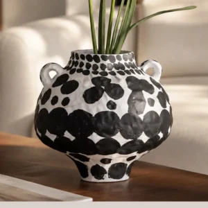 Wabi-Sabi Hand-Painted Black Polka Dot Twin-Ear Jar, Tall in ivory — front view