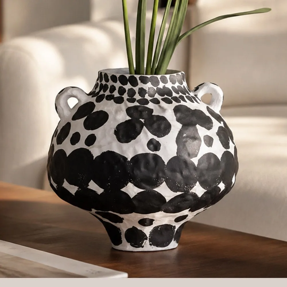 Wabi-Sabi Hand-Painted Black Polka Dot Twin-Ear Jar, Tall in ivory — front view