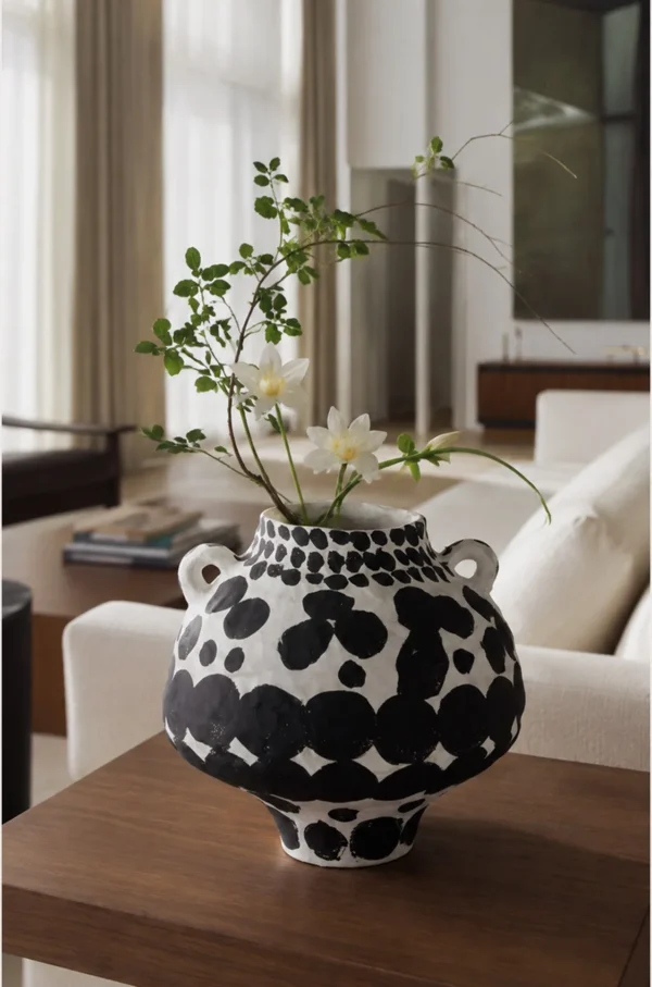 Wabi-Sabi Hand-Painted Black Polka Dot Twin-Ear Jar, Tall in ivory — in a room setting